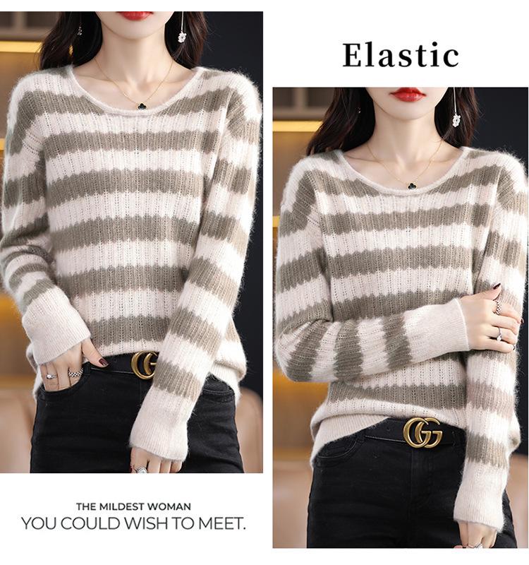2025 Autumn/Winter Women's Mink Cashmere Color Block Round Neck Sweater – Hollow Out, Warm, Loose Fit