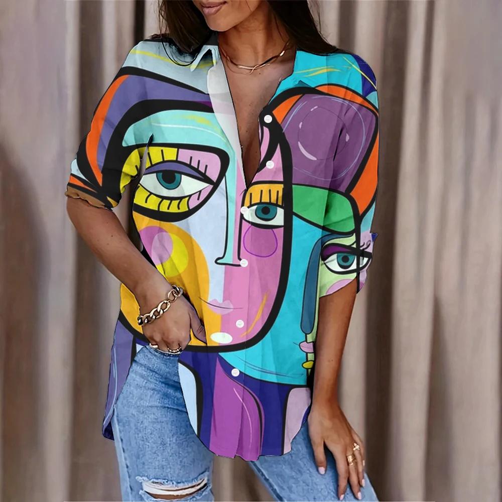 Fashion Abstract Character Avatar Printed Women's Shirt Summer And Autumn Casual Loose Versatile Tops Women Long Sleeve Blouses