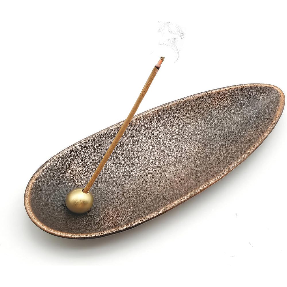 PureSino Incense Holder Bronze Boat Shape with Ash Tray 14x5cm for Stick and Cone Incense