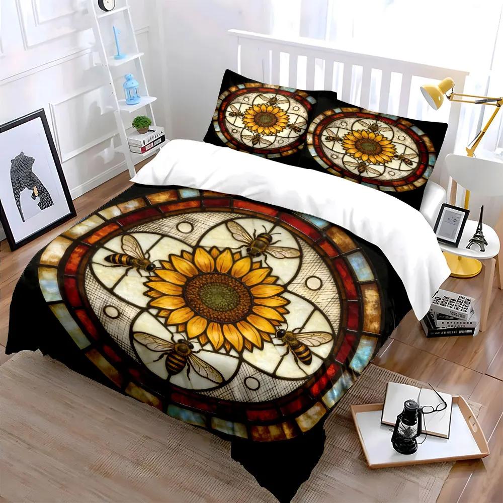 Sunflower Bee Design Decor Set Soft Comfortable Duvet Cover Bedding Set Included 1*Duvet Cover & 2*Pillowcases gift