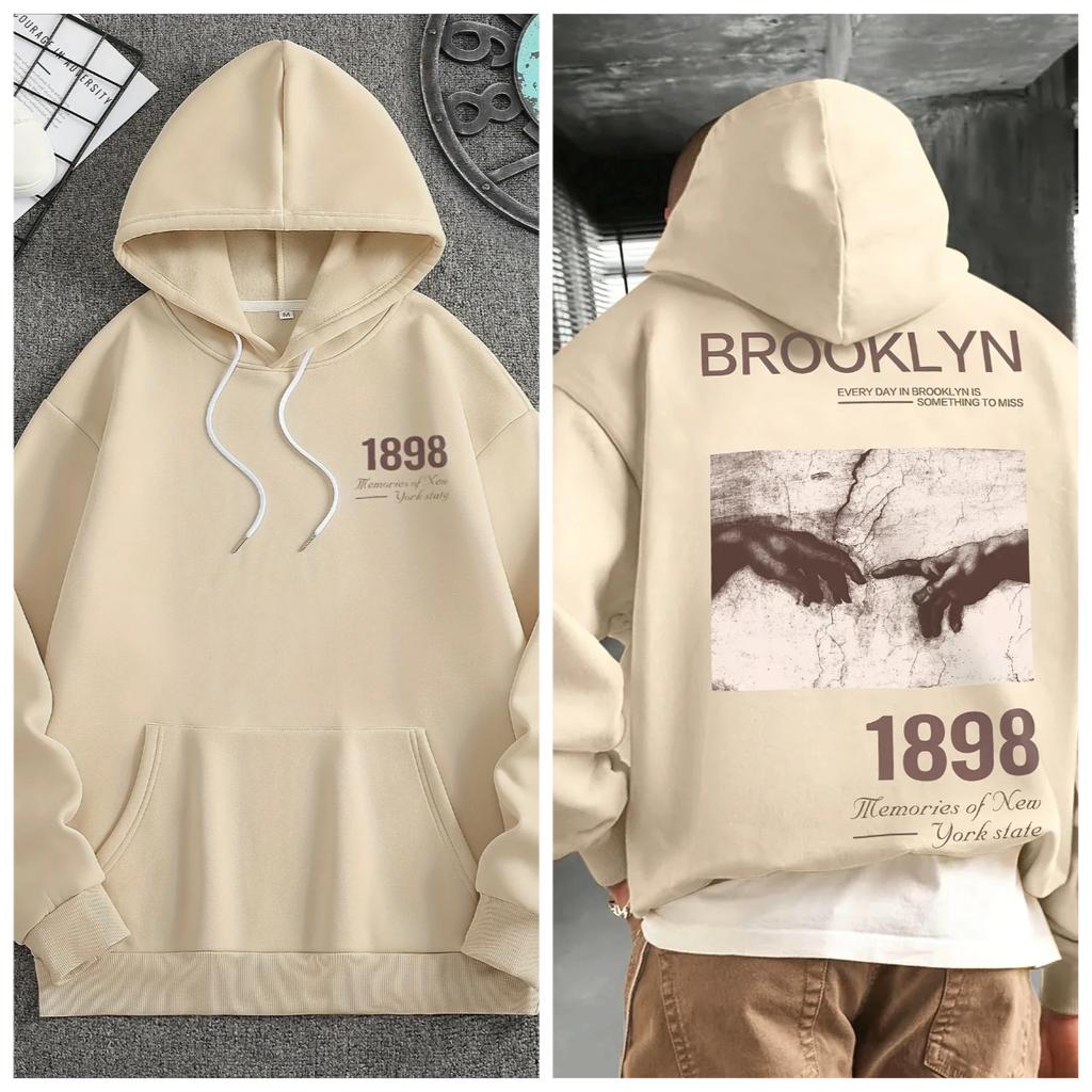Men's and Women's Retro Brooklyn 1898 Pattern Printed Fashionable Retro Sweatshirt Casual Street Style Autumn and Winter