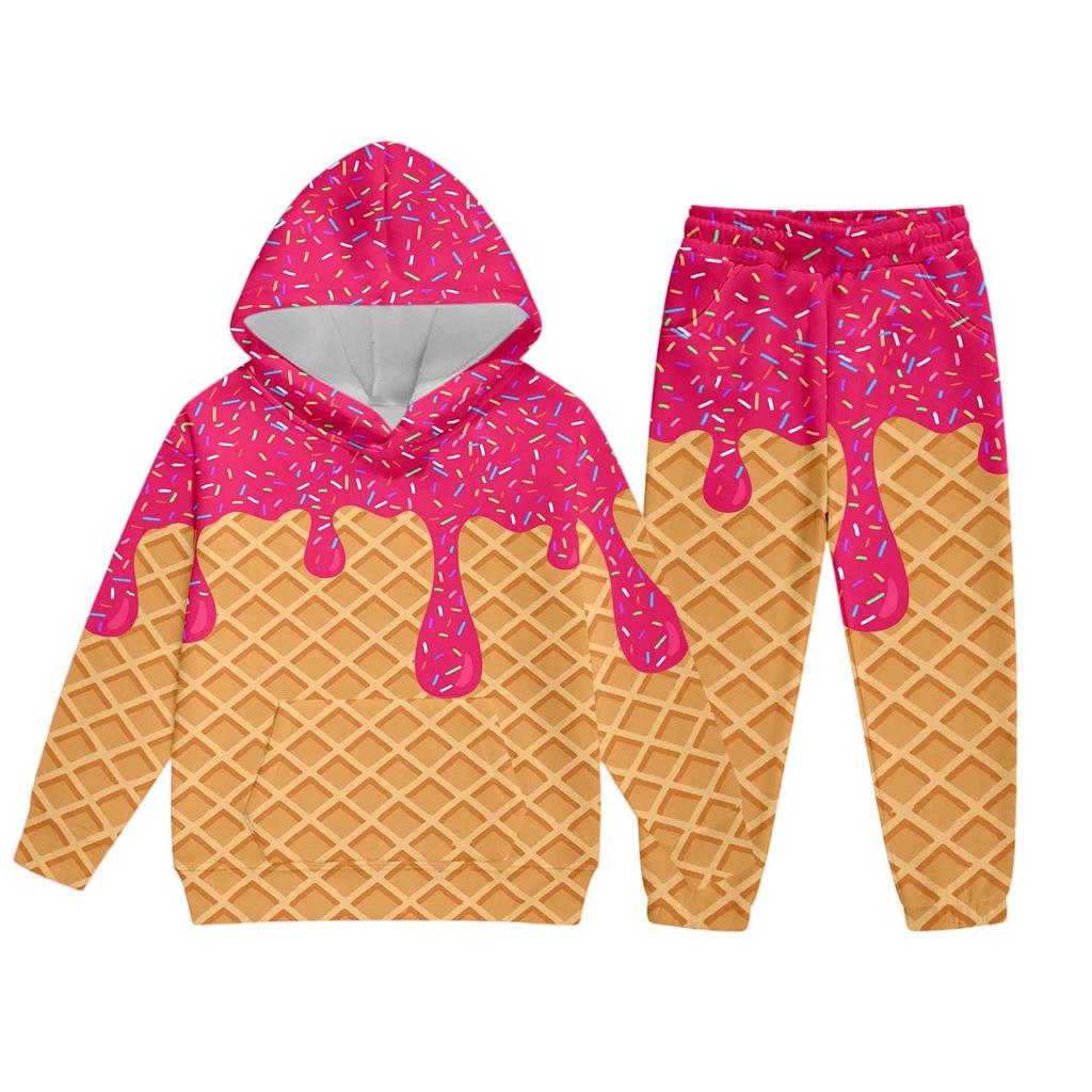 Children's Casual Printed Pullover Long-Sleeved Hooded Sweatshirt And Pants Set