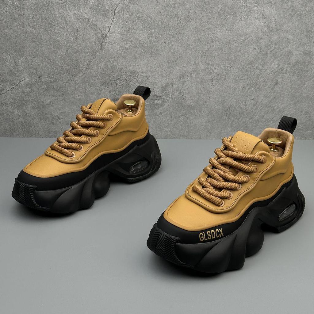 2024 Spring & Fall Men's Trendy Thick Sole Leather Sneakers - Non-slip & Wear-resistant.