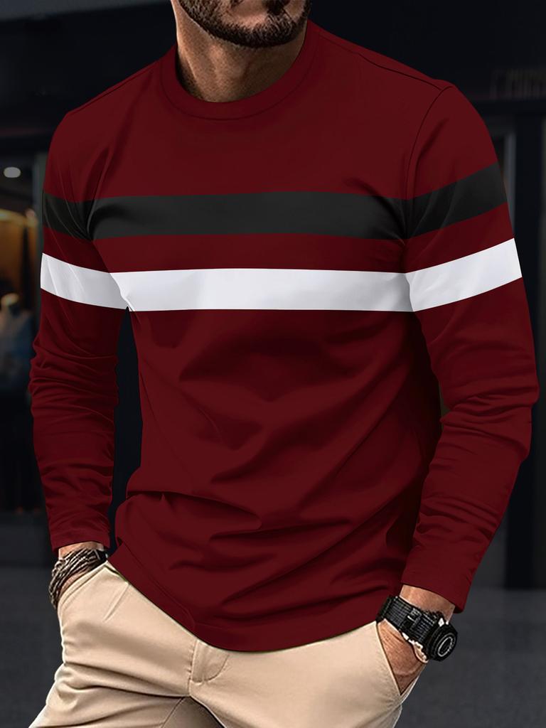 Autumn/Winter Fashion Men's Long Sleeve Round Neck Splicing T-shirt Business Anti Wrinkle Street Wear Casual Top