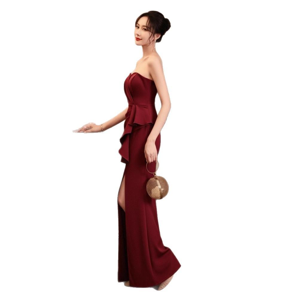Red fishtail skirt temperament high-end tube top toast dress bride small senior wedding engagement dress French