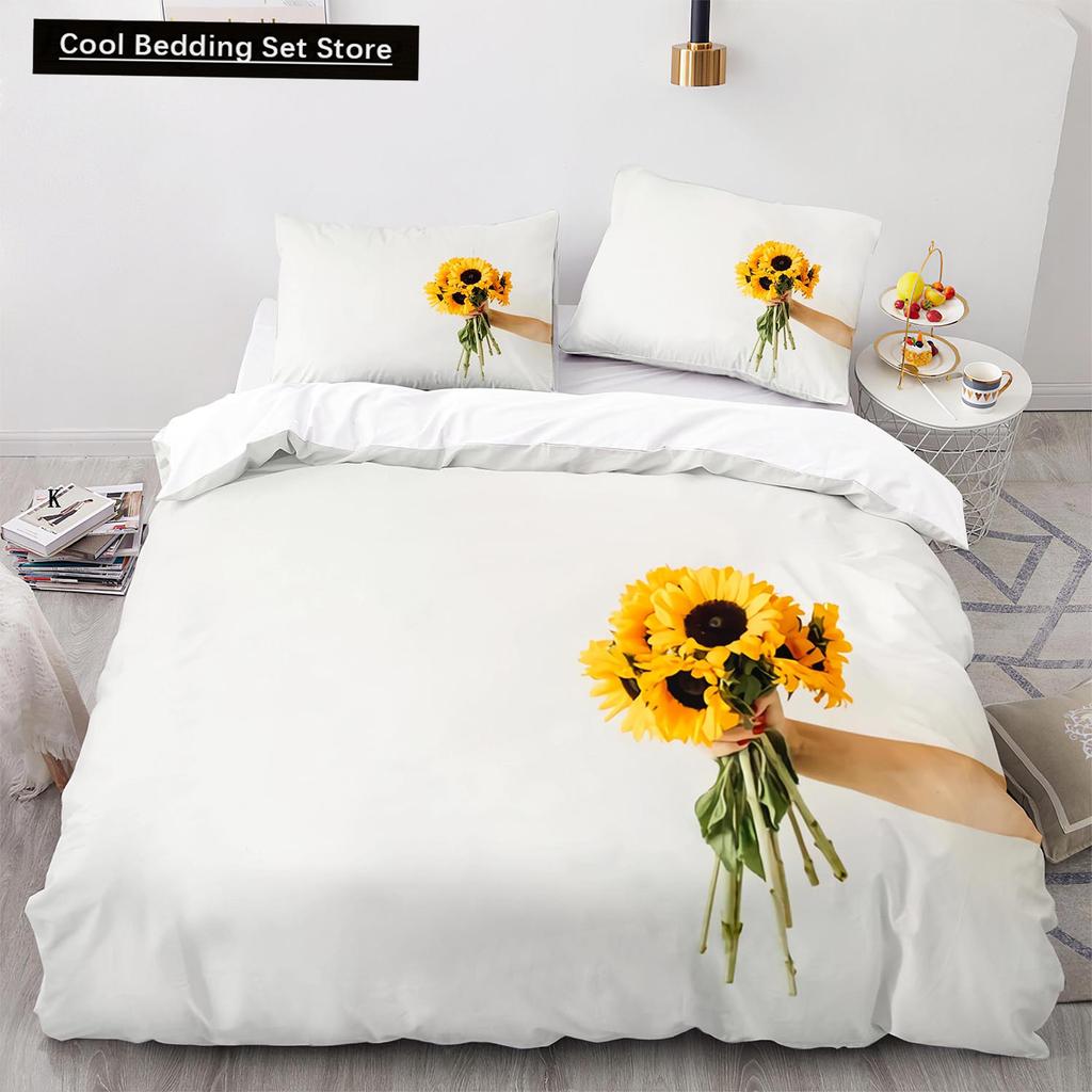 Yellow Sunflowers King Queen Duvet Cover Beautiful Floral Bedding Set for Kids Girls Women Girly Lovely Flowers Soft Quilt Cover