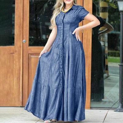 Vestido vaquero de manga corta con solapa para mujer, bolsillo tipo parche, cintura alta, dobladillo con volantes, corte en A, vestido largo informal elegante de Color sólido