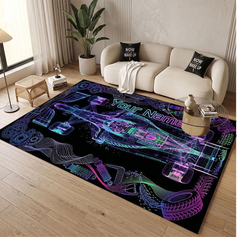 Car Racing Theme Soft Crystal Velvet Rug Custom Name & Text Print Non Slip Floor Rug for Bedroom Living Room
