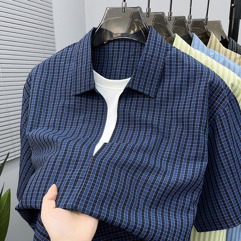 Summer Men s Lapel Collar T-Shirt Loose Fit Breathable Top Casual Short Sleevet Top M темно-синий