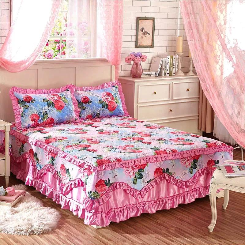 Copriletto trapuntato addensato in cotone 100% Copriletto trapuntato king size queen size Gonna da letto in pizzo principessa Copriletto in puro cotone non inclusa federa