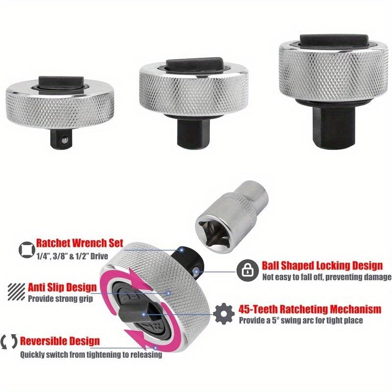 3-teiliges Mini-Ratschen-Steckschlüssel-Set Kohlenstoffstahl-Ratsche Steckschlüssel Finger Umkehrbar Daumenrad Steckschlüssel 1/2 3/8 1/4 Zoll
