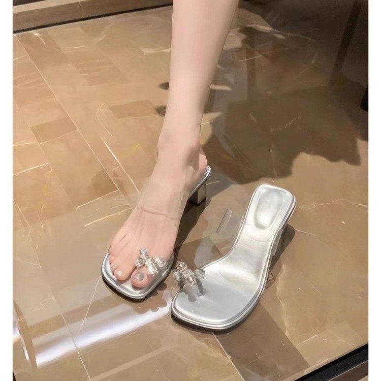 French Bow Rhinestone Cover Toe Transparent Thick Heel Slippers 2025 New Summer Fairy Style High Heel Sandals Female