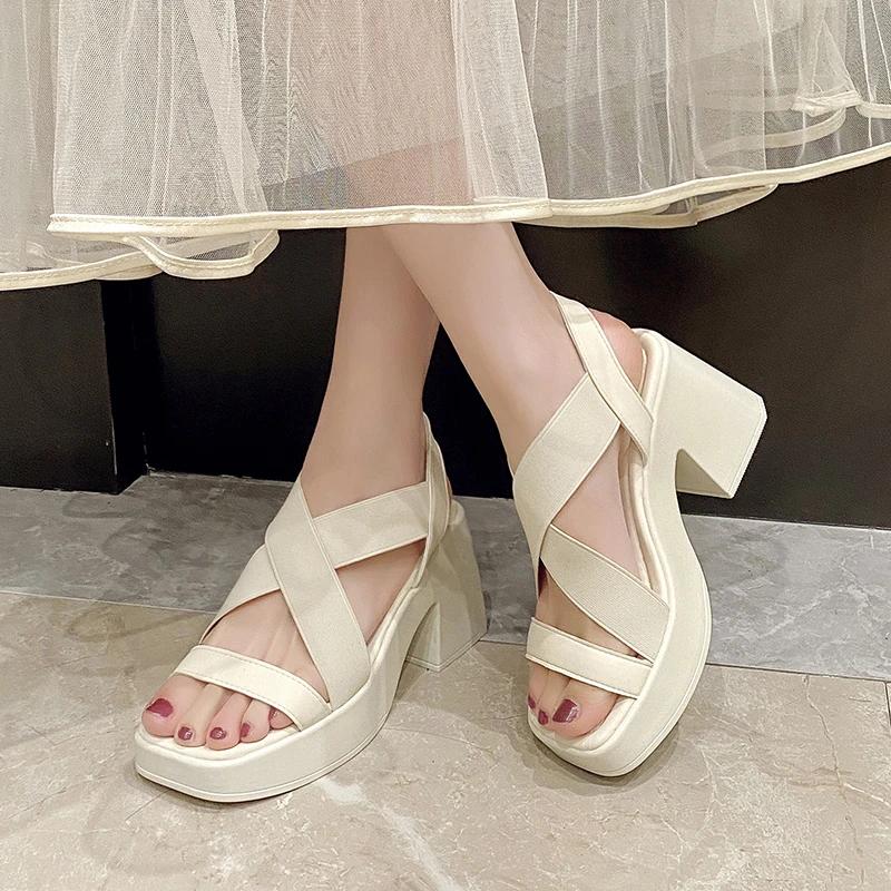 Fashion 2025waterproof platform, summer new style, thick heel, square head, toe exposed, Roman, retro, black, French women's sandals