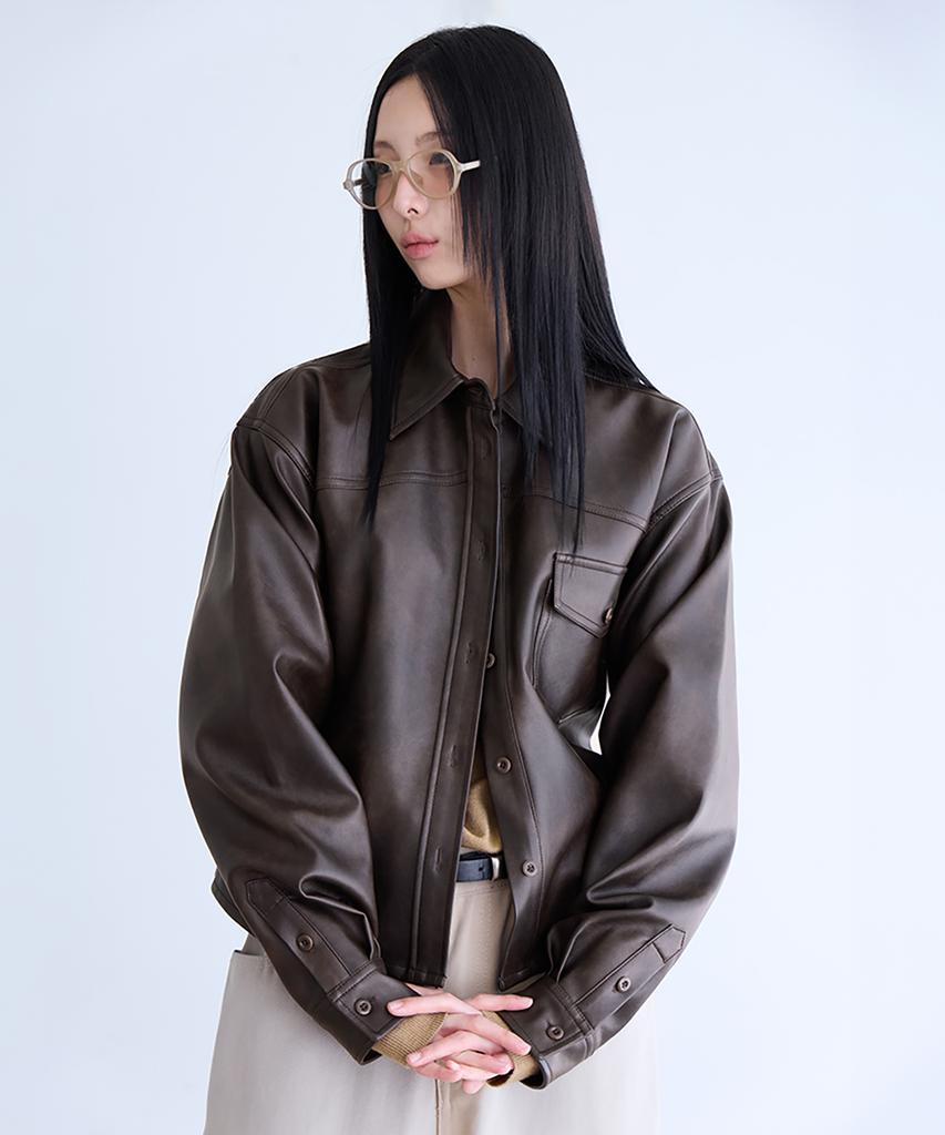 Londonda Faux Leather Shirt Jacket, Brown