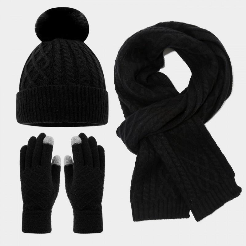 Womens Winter Knit Hat Scarf Gloves Set Warm Fleece Lined Ear Protection Outdoor Cycling Accessory
