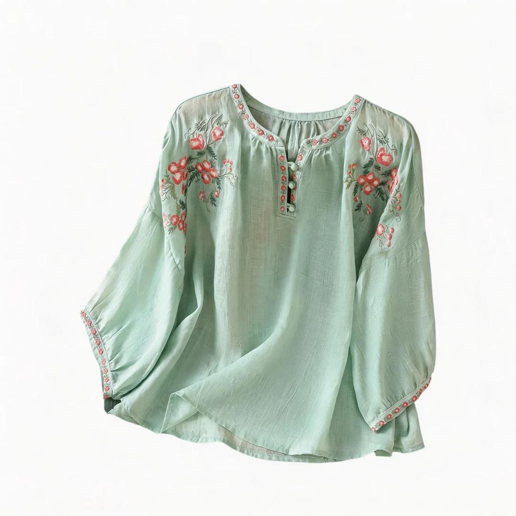Women Casual Loose Fit Pullover Short Sleeve Round Neck Embroidered Blouse Top for Daily Wear and Office Outfits