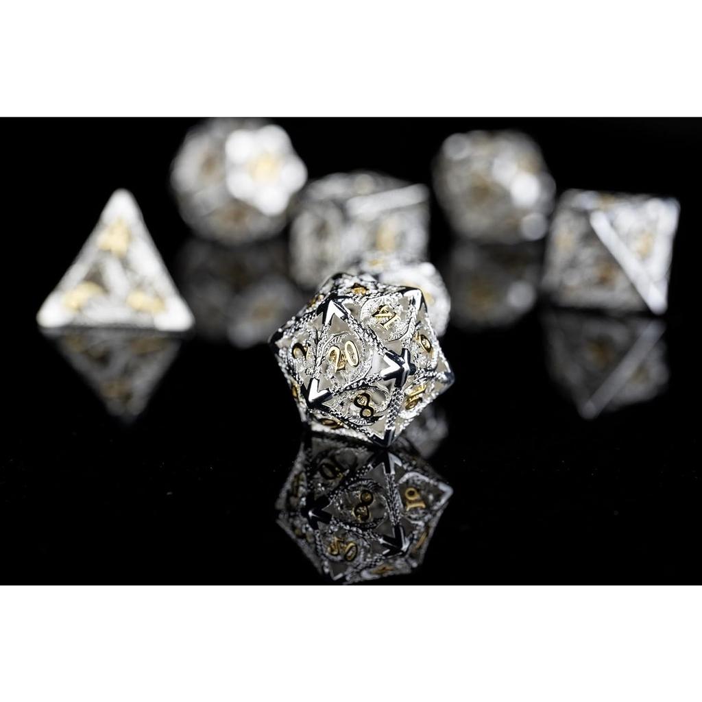 7-Würfel DND, Aura des Mutes, Hohlmetall-Silberwürfel für D&D, polyedrische D- und D-Würfel für Dungeons and Dragons Geschenk