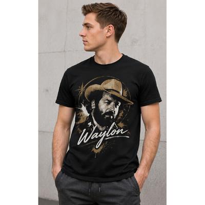 Herren Schwarzes Kurzarm-Rundhals-T-Shirt mit Vintage-Waylon-Porträt-Grafik, Weiches Baumwollgefühl, Lockere Passform für lässige Alltagsmode