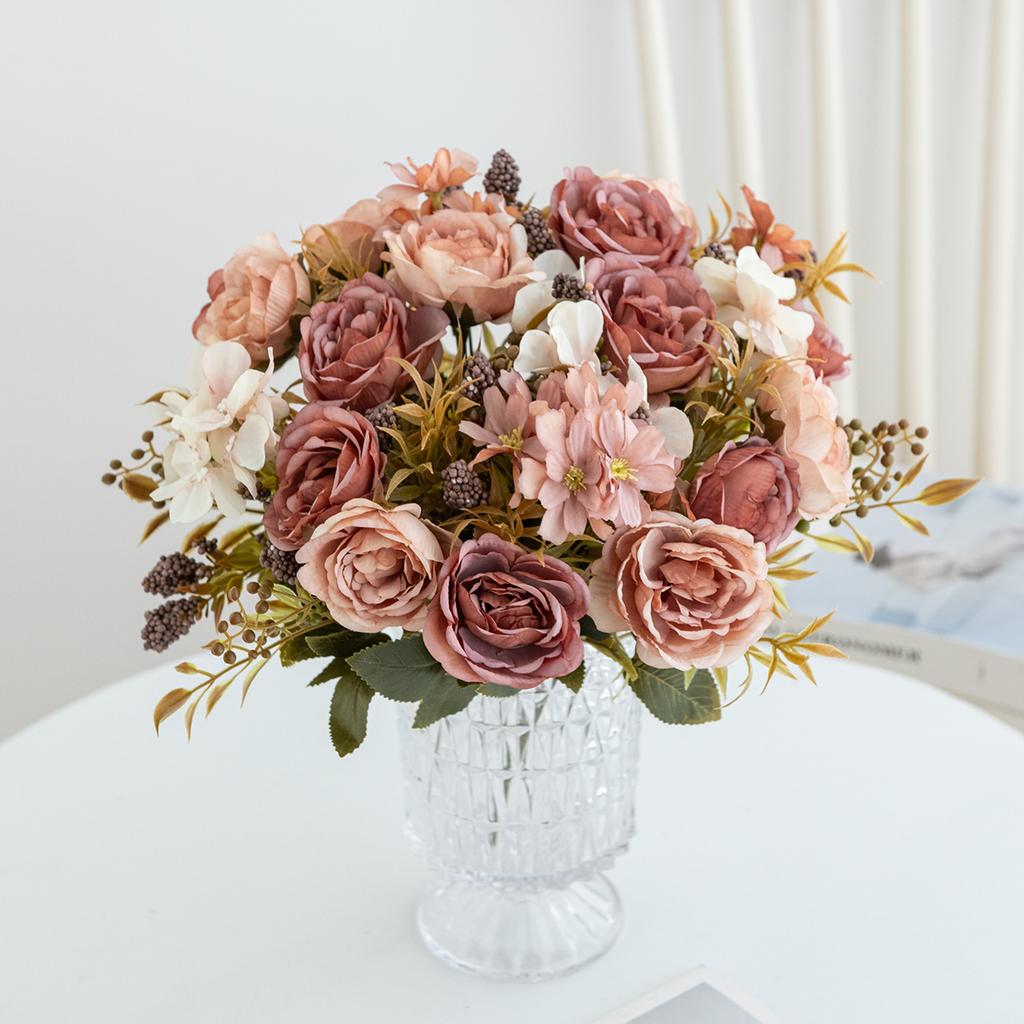 1/3 st Konstgjorda blommor i siden Ros pion Bröllop brudbukett Hem Jul Utomhus trädgårdsbåge DIY gåva festival Dekoration