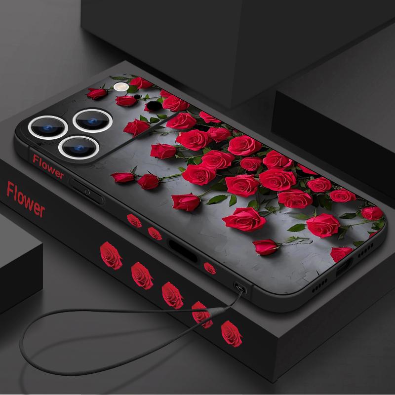 Étui Cordon Motif Fleurs Roses Rouges Pour iPhone 17 Pro Max Funda iPhone 16 15 14 13 Pro Max 11 16E 17E Coque Souple en Silicone