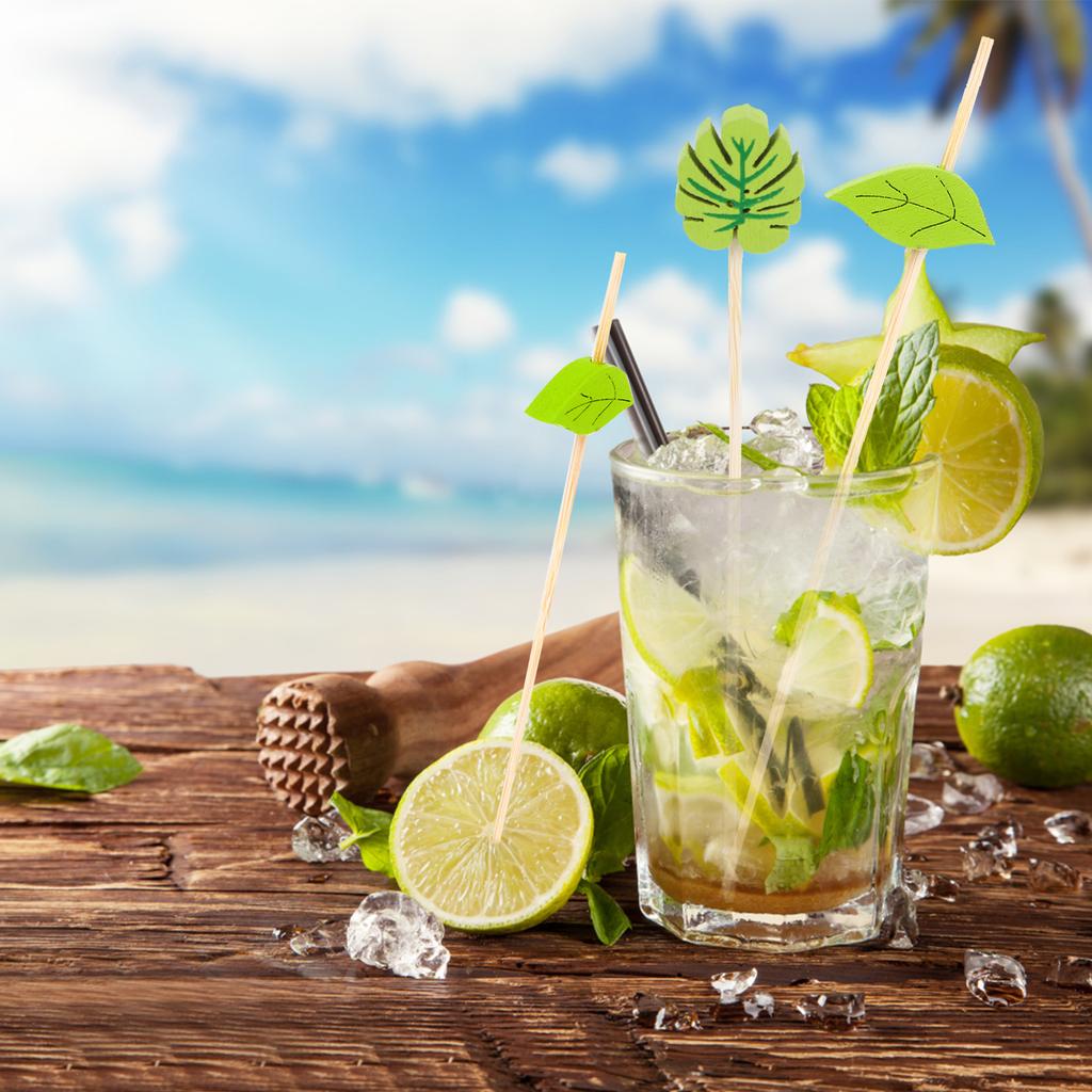 200Pcs Disposable Green Leaf Cocktail Picks Plam Leaf Handmade Toothpicks Bamboo