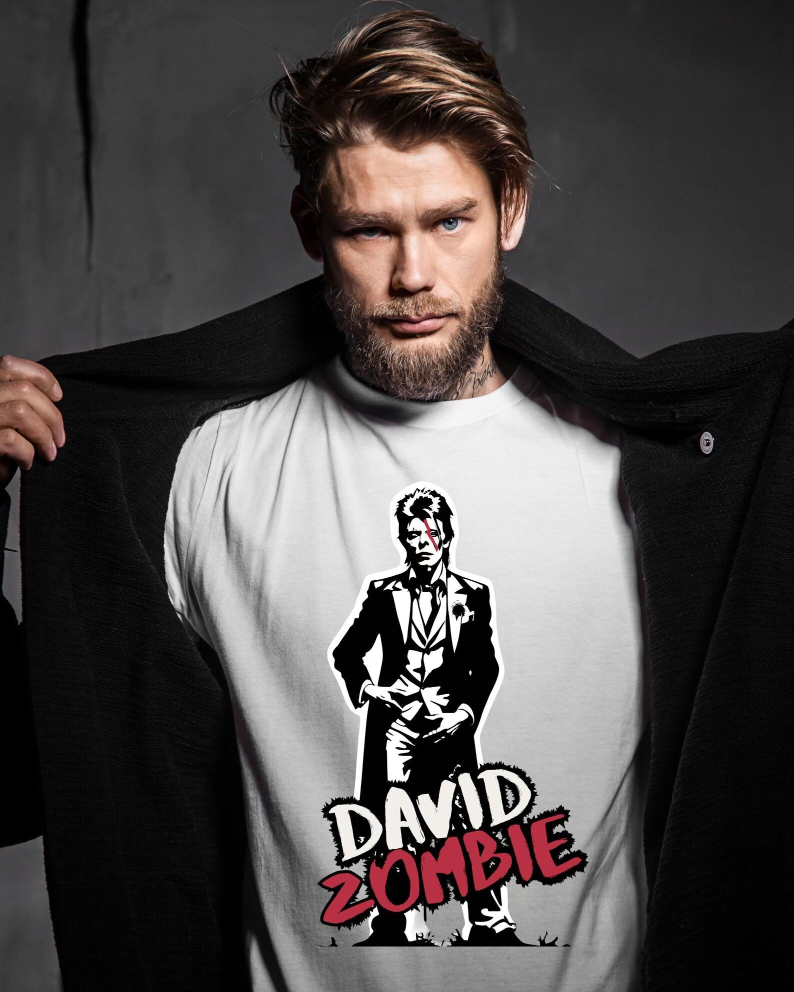 David Bowie Zombie Street Art T-Shirt - Satirical Banksy Style Black & White Stencil Halloween Tee M