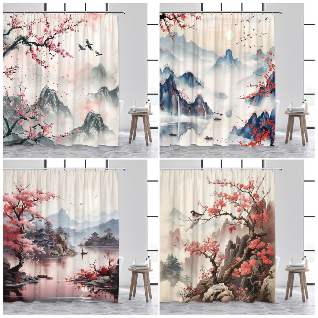 Ink Landscape Shower Curtain Abstract Mountain Water Red Floral Birds Chinese Style Bath Curtains Home Bathroom Decor with Hooks