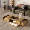 Coffee table, living room table with color-changing LED light, with glass, side table with two drawers