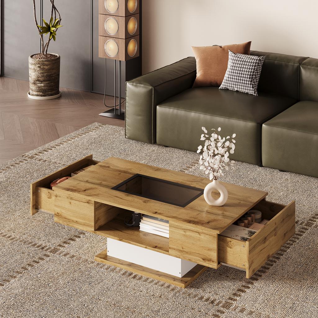 Coffee table, living room table with color-changing LED light, with glass, side table with two drawers