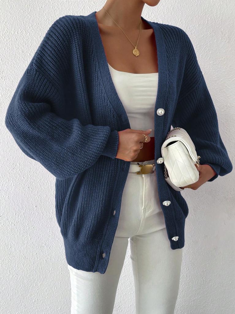 Cross-border Europe, America, Amazon women's clothing is popular, solid color loose large size knitted cardigan, comfortable single-row pearl buckle j