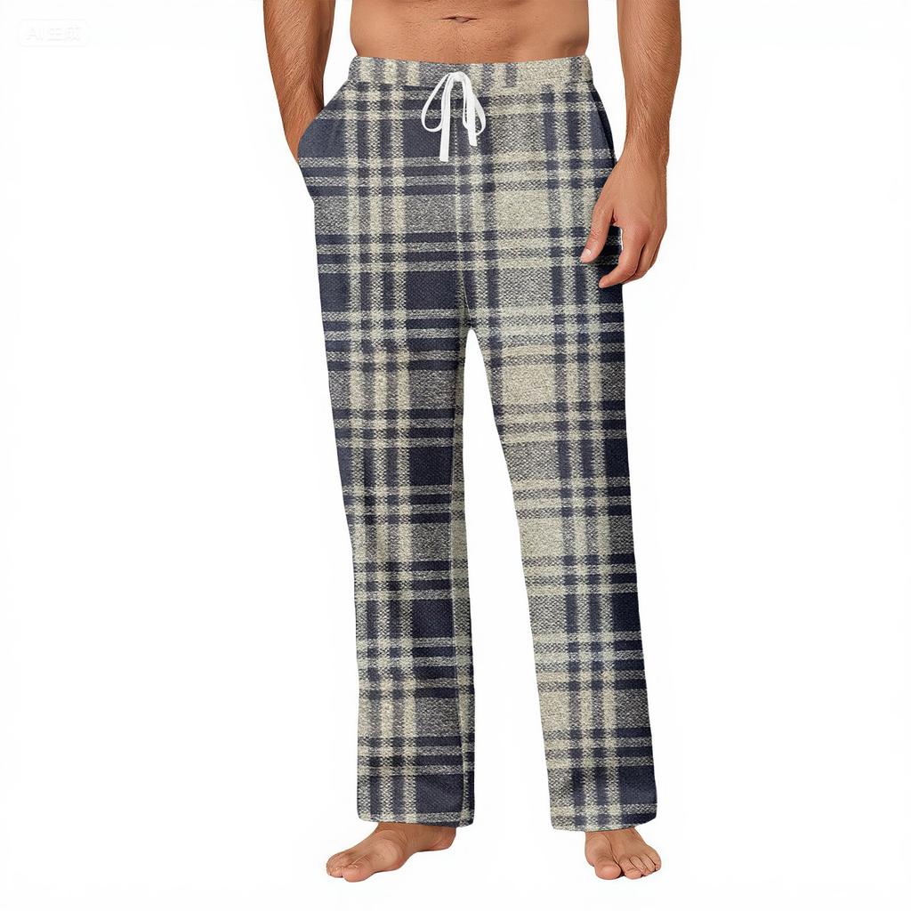 Men's Striped Plaid Print Pocket Casual Pants Home Pajama Pants