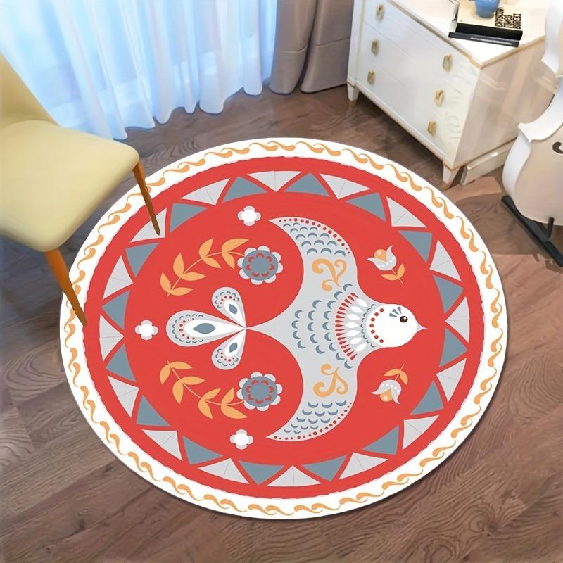 Round Area Rug Red and Blue Bird Mandala Pattern Soft Flannel Carpet for Nursery Kids Room Floor Decor NonSlipWashableDecoration