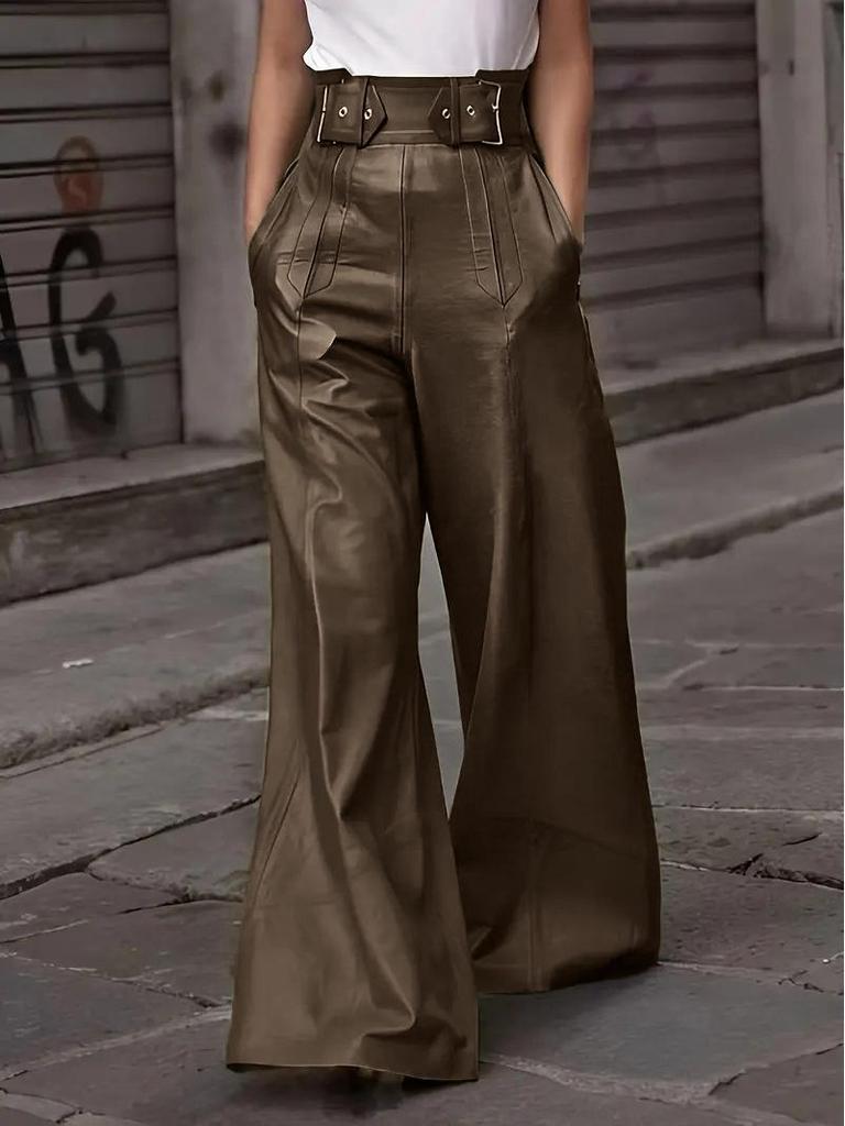 High Waist PU Leather Flare Pants with Waist-cinching & Pockets - 2025 Fashion