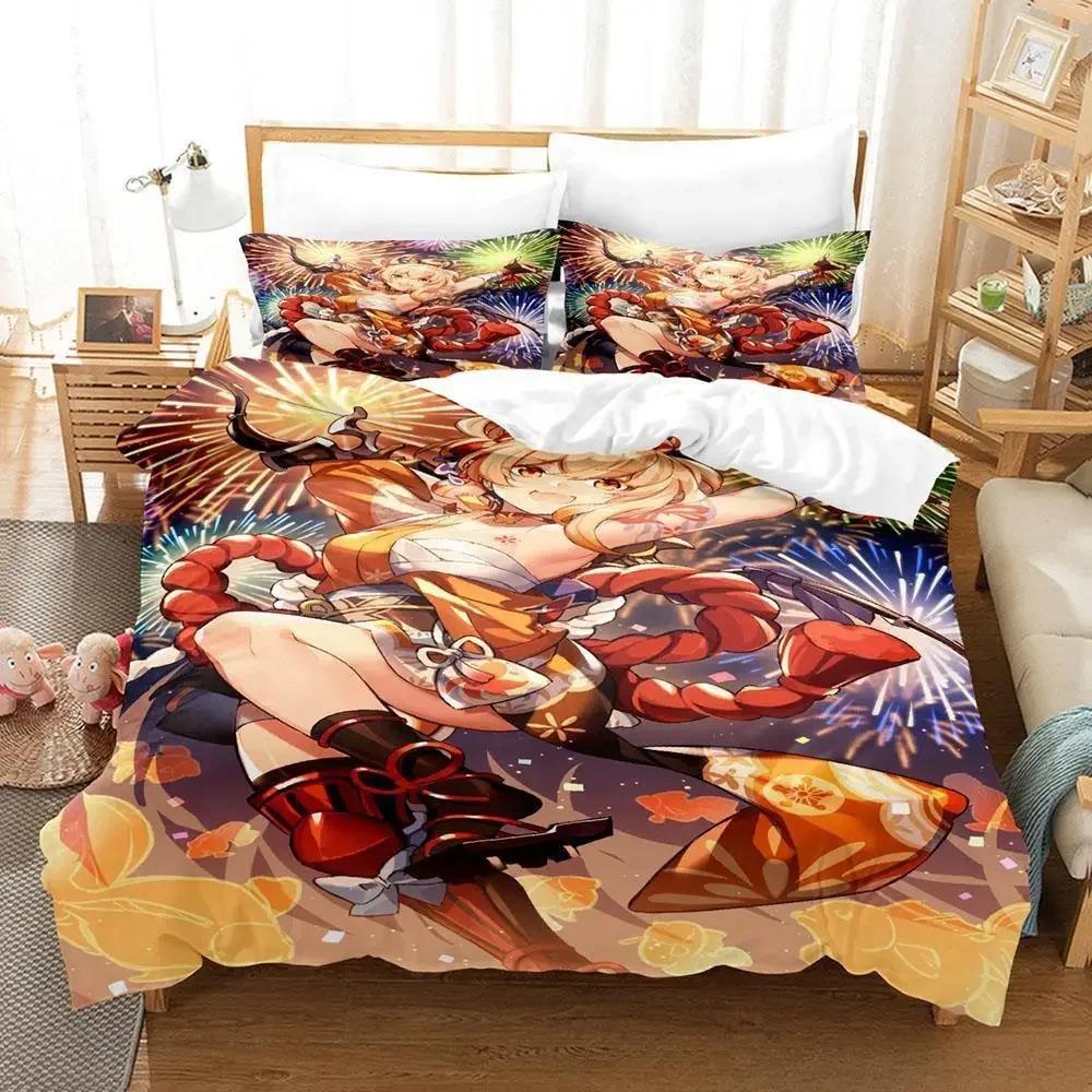 Game Yoimiya Genshin Impact Bedding Set Cartoon Anime Three-piece Set Adult Kid Bedroom Duvet Cover Sets 3D Kawaii Girls