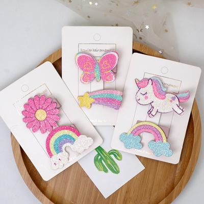 2 forcine per capelli coreane con glitter Kawaii per ragazze, cartone animato, unicorno, arcobaleno, floreale, scintillante, fermagli per capelli, copricapo per bambini, accessori per capelli