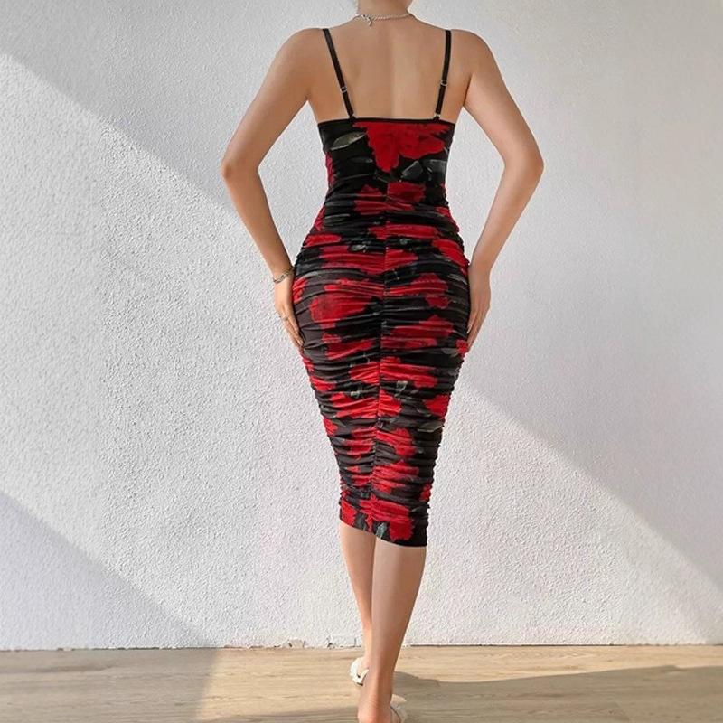 European and American Spice Girls Style Printed Mesh Suspender Skirt Low Chest Sexy Halter Hip Skirt Waist Folded Dress