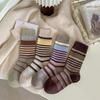 Retro Color-blocking Striped Mid-calf Socks for Women, Breathable Autumn and Winter Pile Socks