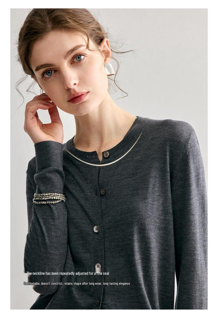 Women's Round Neck 100% Wool Knit Cardigan Sweater - Single-Breasted, Thin German Yangzi Yarn Design
