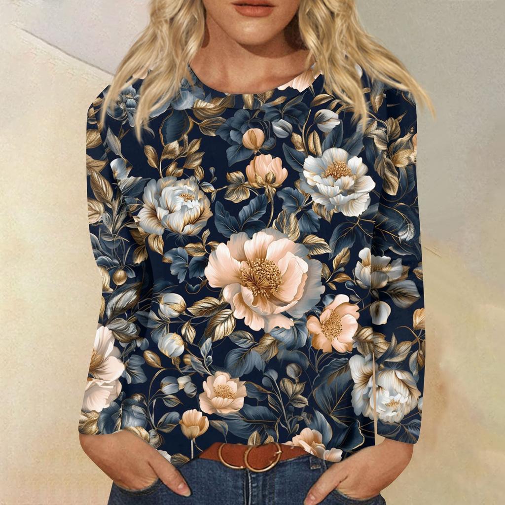 Women's Fashion Casual Long Sleeve  Print Round Neck Top