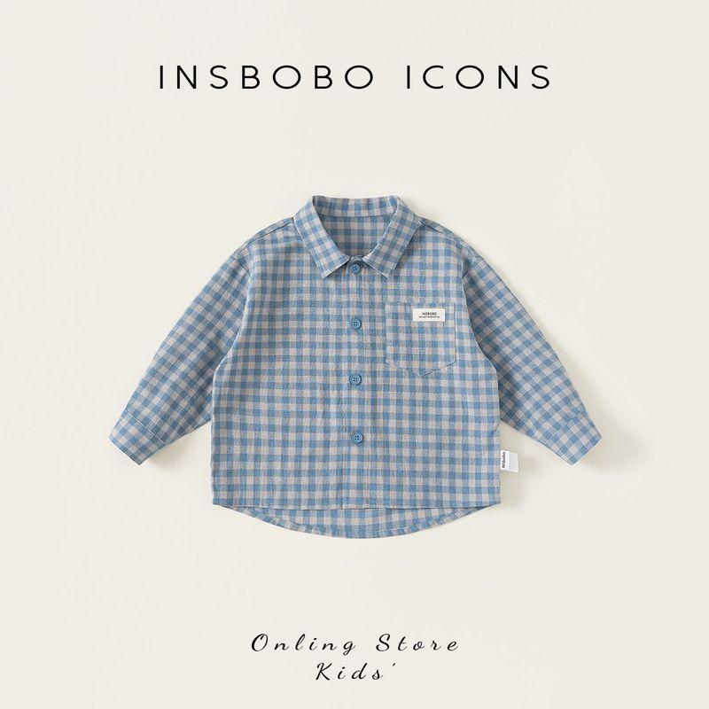 Insbobo Boys  Shirt Jacket 2026 Spring New Children s Plaid Shirt Spring and Autumn Baby Stylish Shirt Trendy Blue grid 80