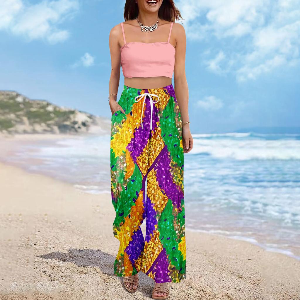 Women Summer Boho Palazzo Pants High Waist Wide Leg Printing Casual Trousers With Pockets