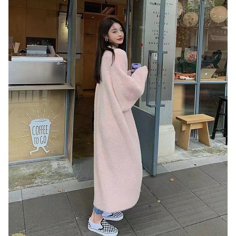 Women Faux Mink Long Cardigan Oversized Knit Coat Soft Plush Knee Length Duster Lounge Wrap