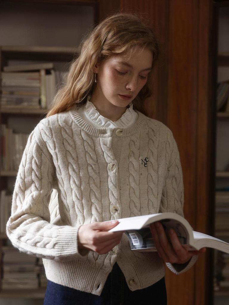 Nicepeople Australische Merinowolle Zopfmuster Rundhals Cardigan