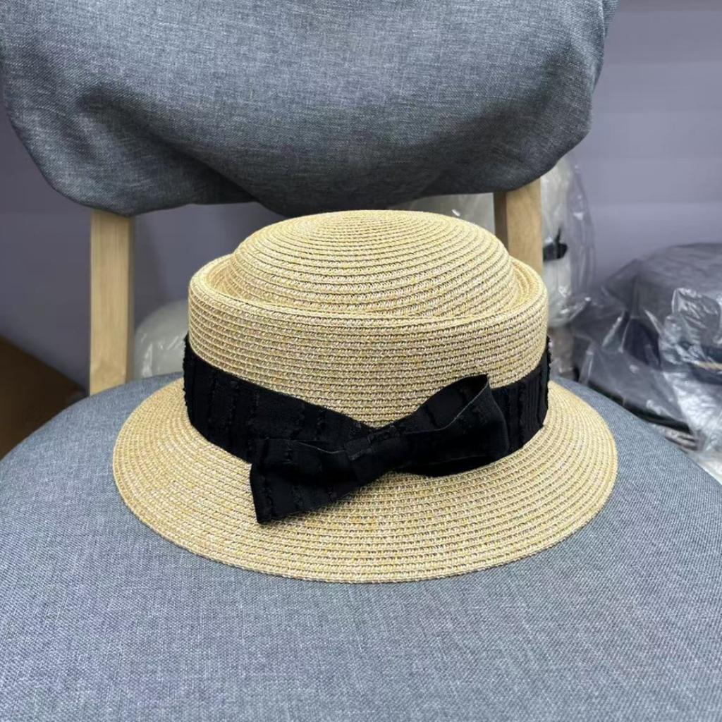 Summer fresh bow concave top straw hat children's fashion versatile sunshade top hat seaside vacation sunscreen hat