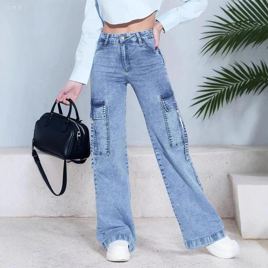 Women's Mid-Rise Stretch Jeans Fashion Straight Leg Denim Pants With Pockets