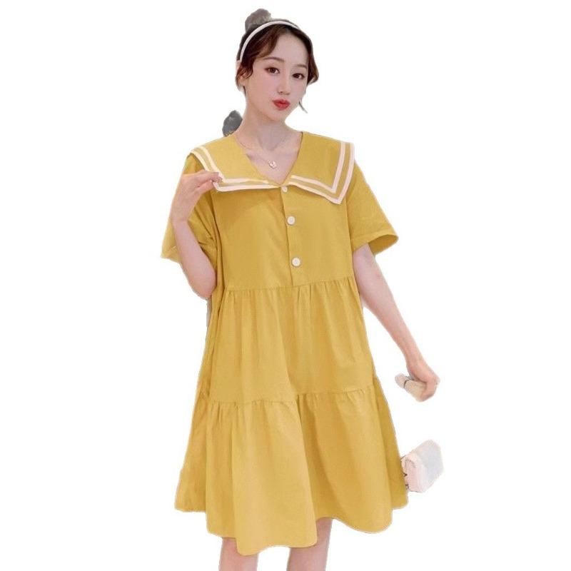 Maternity clothes summer small fresh and sweet navy collar dress women's summer loose large size high waist thin maternity dress