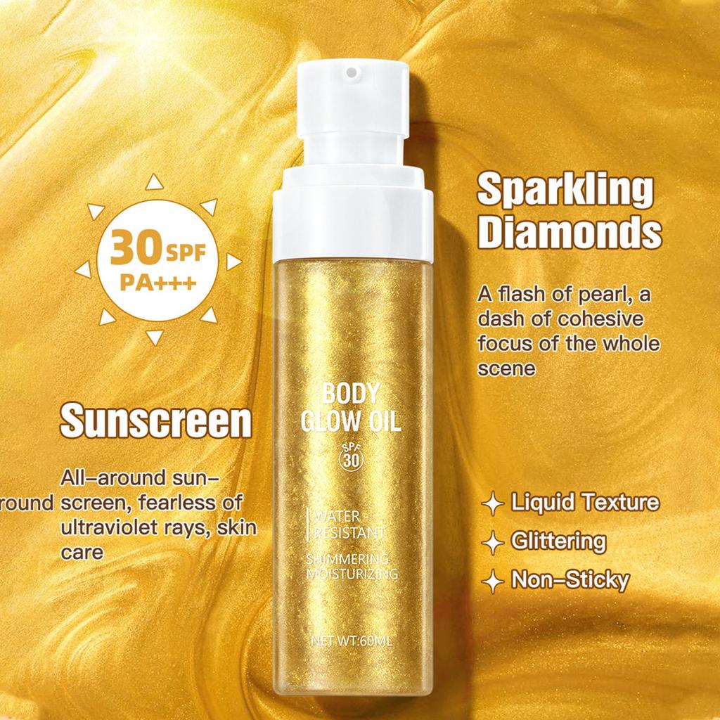 Sunscreen Glow Oil, Flash Body Oil, Non-stick Texture, Glow, Golden Rose Color, 60ML