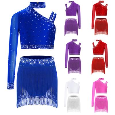 Conjunto de Rendimiento Infantil Crop Top Brillante con Pedrería Hombro Irregular con Pantalones de Dobladillo con Flecos Elásticos para Fiesta de Recital