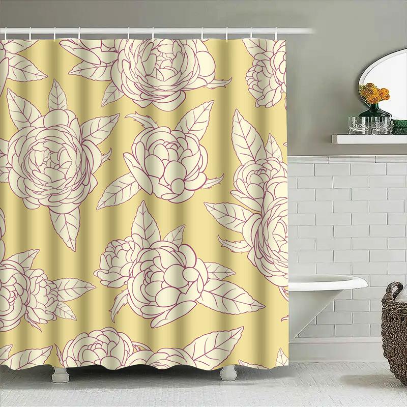 Vintage Style Floral Shower Curtain Cream with Pink Red Peony Print Bathroom Decor, Room Divider Custom Size Available (60x72 in