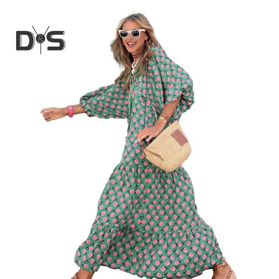 

Женское платье в стиле бохо с V-образным вырезом, рукавами-фонариками, А-силуэтом, с плиссировкой и принтом, длиной до середины голени, пляжное платье для отдыха XXL зелёный